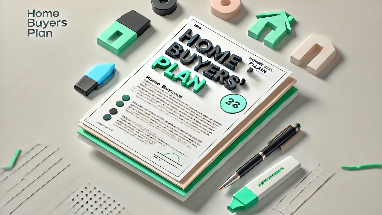 An image showcasing a Home Buyers' Plan document surrounded by colorful desk accessories such as a pen, highlighter, and small 3D icons of a house and abstract shapes, emphasizing the concept of planning and financial organization for homebuyers.